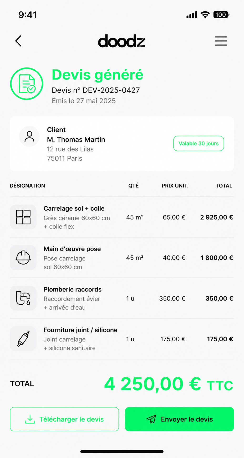 App Doodz : devis généré avec la liste des postes et prix